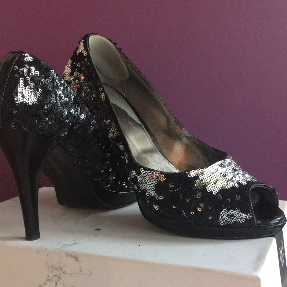 Sequin Black Silver Open Toe Heels